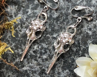 Clip on Gothic Raven Skull Earrings, Odin’s Ravens, Hugin & Mugin, For Unpierced ears, Goth, punk and grunge Bird Skulls,