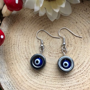 Hematite Blue Evil Eye Earrings - Protection Jewelry - Nazar Turkish Style Talisman Earring