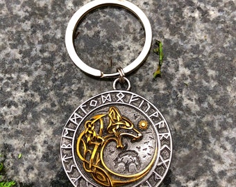 Fenrir Viking Keychain - Helm of Awe Protection Key chain - Nordic Yggdrasil and Crows Acessory - Odin’s Wheel - Viking Valentines Gift