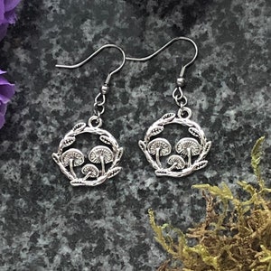 Fairy Circle Mushroom Earrings, Silver coloured cottage core fungi jewelry, gift for woman, witchy gifts