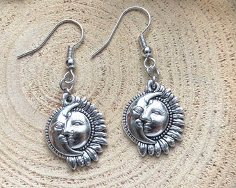 Sun and Moon Sunflower Earrings - Sun with Moon Celestial Earrings - Mystic Boho & Hippie Dangle Tarot Jewelry