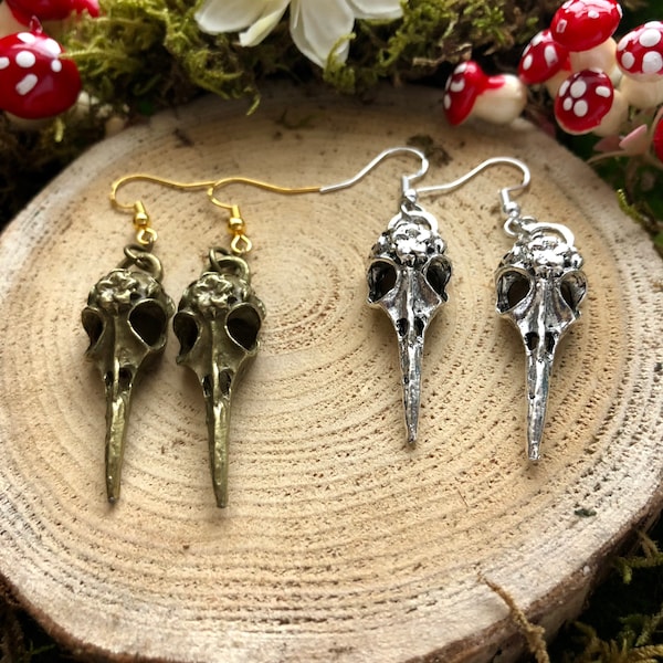2 Pairs - Antique Gold and Vintage Silver Raven Skull Earring Set  - Crow Skull earrings - Bird Skull Steampunk or Gothic Valentines Gift