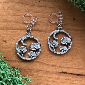 Sparkly Silver Mushroom Clip-on Earrings with Moon, Dainty Cottagecore clipons, Fun, Quirky Fairy Circle Jewelry, Autumn & Fall Accesories