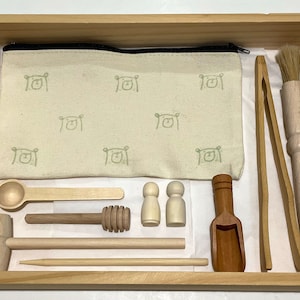 Wooden Tool Kit for Sensory Play Natural loose parts Wooden tools wooden scoop wooden brush wooden tongs peg dolls hammer set Age 3+