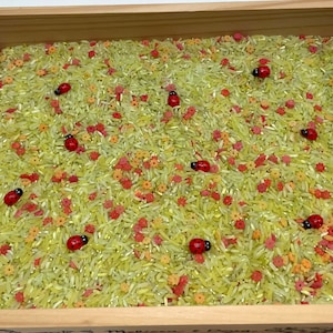 May include: A wooden tray filled with yellow rice and small orange and red flower-shaped beads. There are ten red ladybugs scattered throughout the rice.