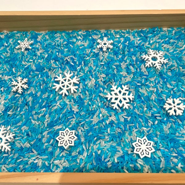 Kit de juego de hielo sensorial de copo de nieve congelado de invierno Arroz coloreado / Piezas pequeñas / Contenedor sensorial / Juego desordenado / bandeja de toba / Base sensorial /