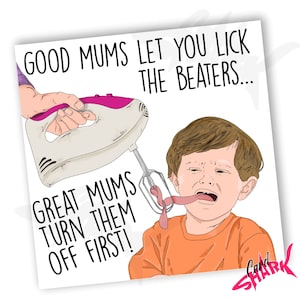 Cartão de aniversário Lick the Beaters para a mãe, cartão rude para a mãe, cartão engraçado para a mãe, presente engraçado para a mãe, cartão Bake Off, mãe assadora, mãe cozinheira