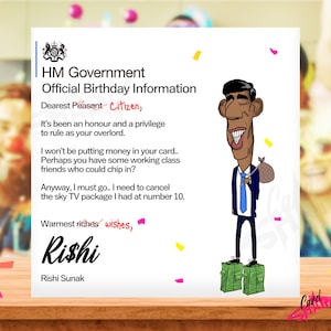 Rishi Sunak Tarjeta de cumpleaños divertida, Tarjetas divertidas para papá, mamá, 30, 40, 50, para él, ella, cumpleaños político, conservadores, Starmer Farage, Reino Unido