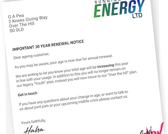Tarjeta divertida de cumpleaños número 30 para hijo, hija, novio y novia, con temática de factura de energía y aumento de edad.