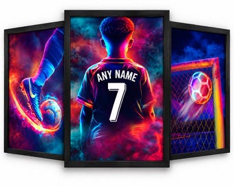 Personalised Football Prints Set of 3 – Custom Name & Number Wall Art, Framed or Unframed, Girls and Boys