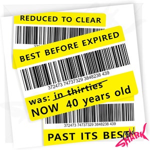 Sticker réduit carte 40e anniversaire, sticker jaune drôle, blague carte 40e anniversaire, cartes 40e anniversaire drôles pour lui, pas cher, 40e papa, maman 40e
