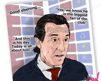 May include: A cartoon illustration of a man speaking into a microphone. He is wearing a blue suit jacket with a red tie. The background is a collage of social media icons. The text in the image reads "Good ebening..." "And this is his day. Today is all about him." "Yes, we know he is the biggest fan of the club"