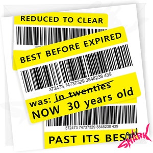 Verminderde sticker 30e verjaardagskaart, grappige gele sticker, grap 30e verjaardagskaart, grappige 30e kaarten voor hem, goedkoop, vriend 30, dertig