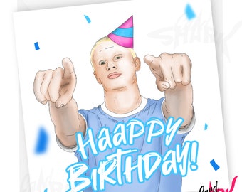 Può includere: Un biglietto di auguri di compleanno con un'illustrazione a cartoni animati di un uomo con un cappello da festa, che punta lo spettatore con entrambe le mani. Il testo "Happy Birthday!" è scritto in lettere blu e bianche sulla carta.