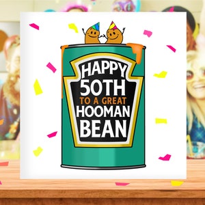 Hooman Bean 50e carte, humain, drôle 50e anniversaire, 50e, cartes végétaliennes, jeu de mots nourriture, anniversaire végétalien, joyeux 50e pour elle, pour lui, petit ami