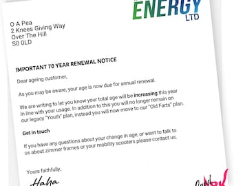 Funny 70th Age Increase, Energy Bill Theme 70th Birthday Card for Dad, For Mum, Birthday for Nan, Grandad Birthday Cards, Seventy Card