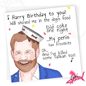 Prins Harry grappige verjaardagskaart, koninklijke familie, grappige kaart voor papa, voor mama, hem, haar, hondenbak, onbeleefde kaart, Harry, William, Markle, Spare
