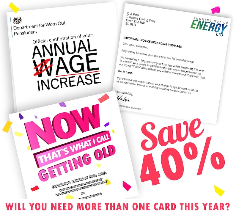 Funny Wage Increase Birthday Card, Old Age, For Him, For Her, Mum Dad, Strike, 40 50 60 70th birthday cards, rude cards for Dad