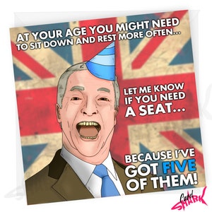 Tarjeta de cumpleaños divertida de Nigel Farage, tarjetas divertidas para papá, mamá, para él, para ella, cumpleaños político, Reform UK, Labor Tories, elecciones en el Reino Unido, Brexit