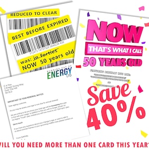 May include: A humorous birthday card with a pink and red design. The card features the text "NOW THAT'S WHAT I CALL 50 YEARS OLD" and "Save 40%".