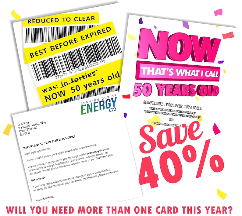 May include: A humorous birthday card with a pink and red design. The card features the text "NOW THAT'S WHAT I CALL 50 YEARS OLD" and "Save 40%".