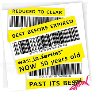 Reduced Sticker 50th Birthday Card, Funny Yellow Sticker, Joke 50th Birthday Card, Funny 50th Cards for Him, Cheap, Dad 50th, Mum 50th