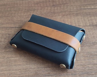 Leather Wallet Black - Minimalist High-Quality Handmade Premium Lightweight Wallet w/ Leather Keychain