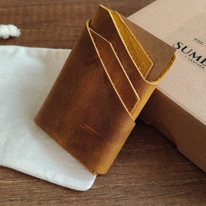 Leder-Kartenhalter Katze Gelb - Hochwertige handgefertigte Fronttasche Geldbörse w / Origami-Brieftasche | Leder Accessoire Geschenkideen für Ihn