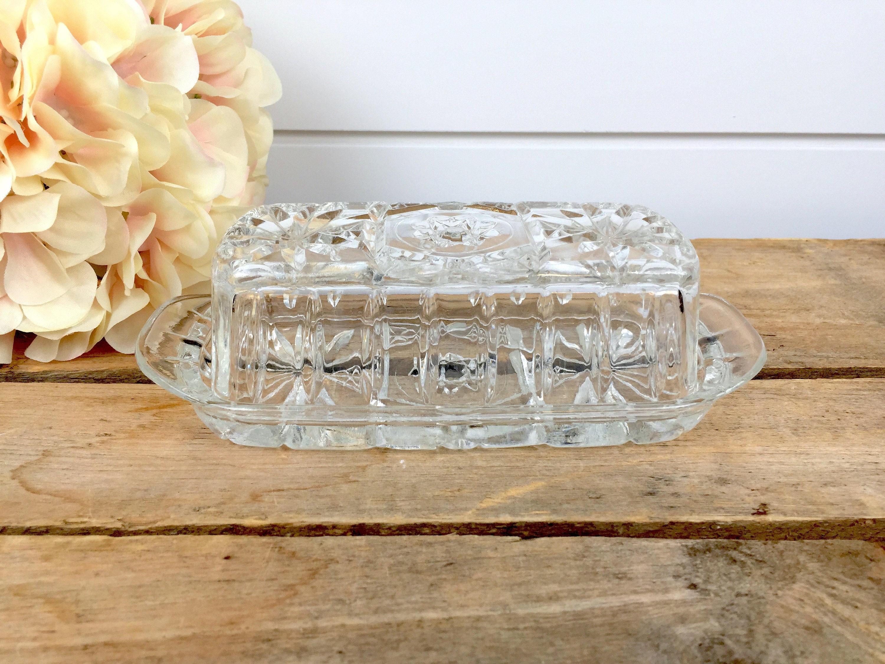 Vintage Anchor Hocking Pressed Glass Butter Dish, Star of David Glass
