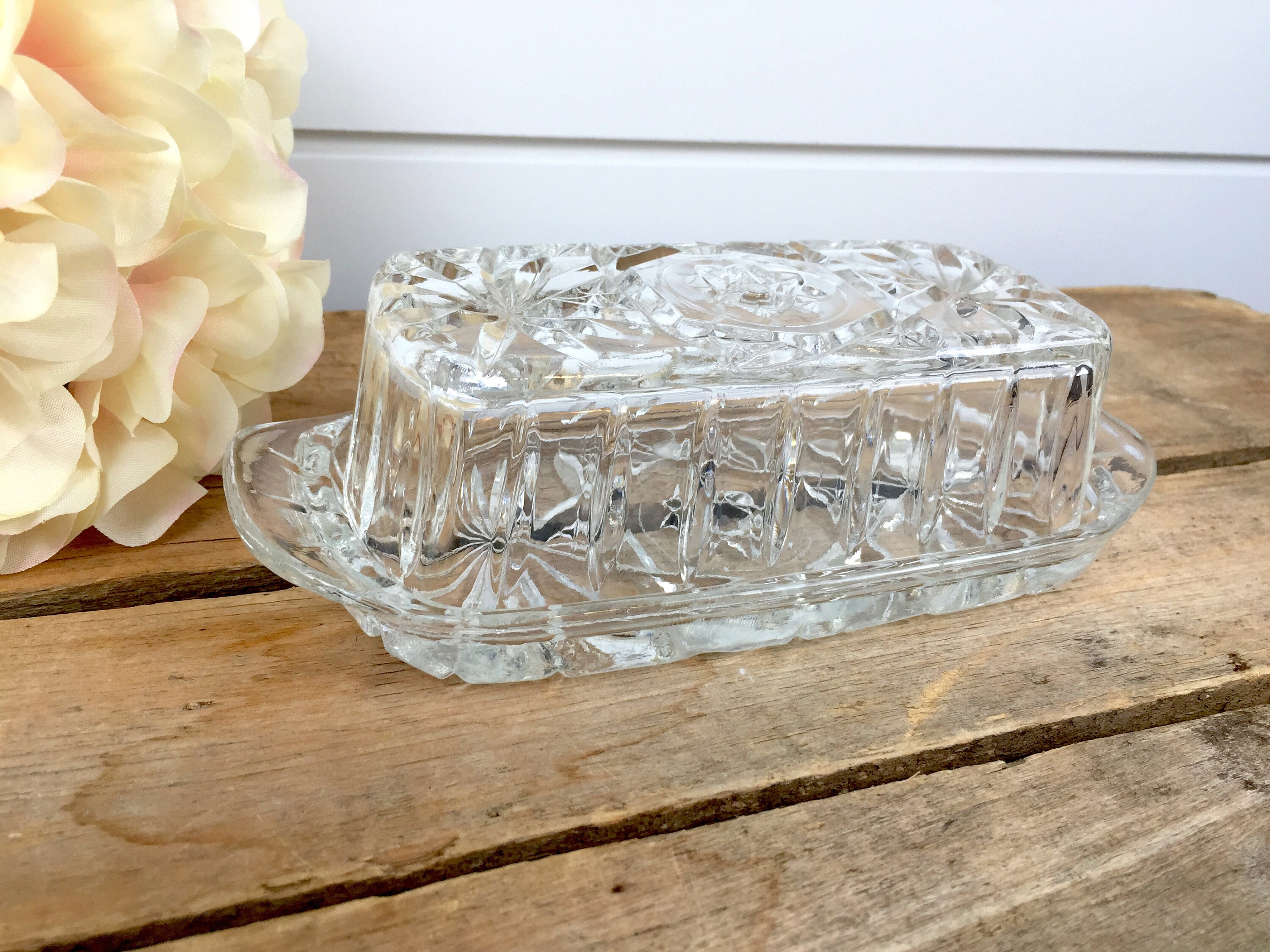 Vintage Anchor Hocking Pressed Glass Butter Dish, Star of David Glass