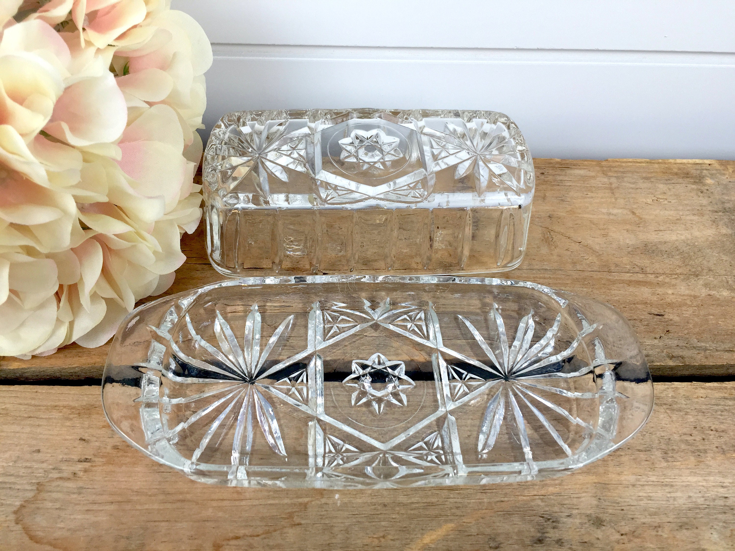 Vintage Anchor Hocking Pressed Glass Butter Dish, Star of David Glass