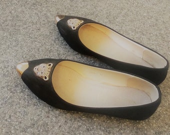 Vintage Woman Ballerina Shoes with Tiger Real Leather in Black EU 39 US 8-8.5 UK 6