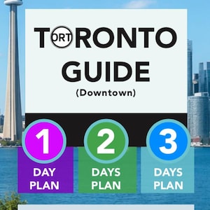 Puede incluir: Una guía de viaje de Toronto con la Torre CN al fondo. La guía presenta un fondo blanco con el texto "TORONTO GUIDE (Downtown)". Incluye planes de día para 1, 2 y 3 días, y menciona "10 lugares raros" y "10 lugares favoritos de famosos".