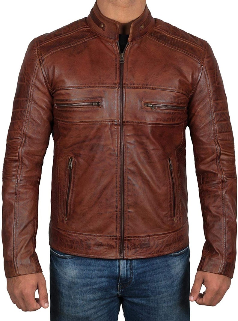 Leather Motorcycle Jacket Cafe Racer Slim Fit Stand Collar - Etsy