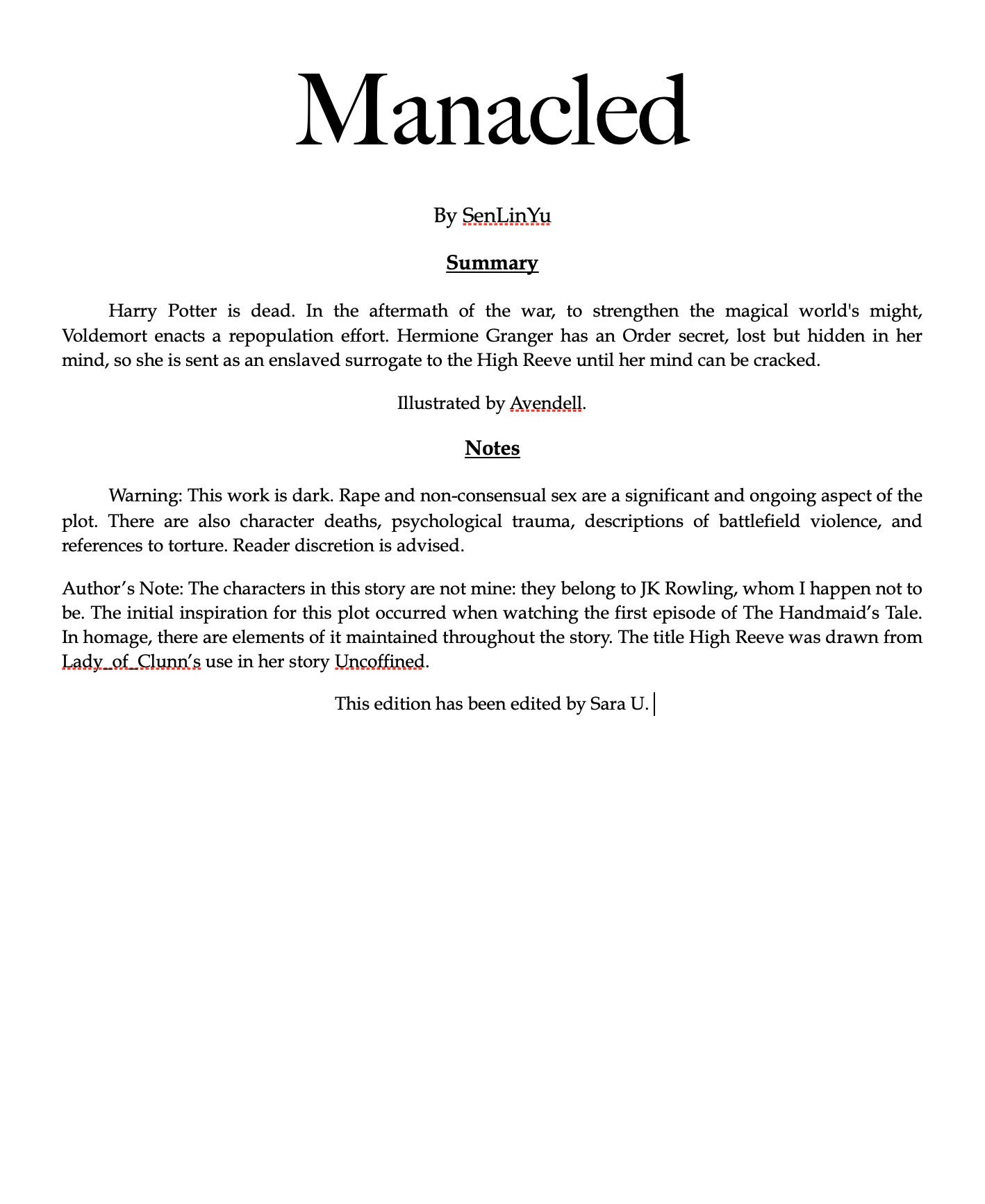Manacled by Senlinyu EPUB ebook Word Docs for Binding and Editing Etsy New Zealand