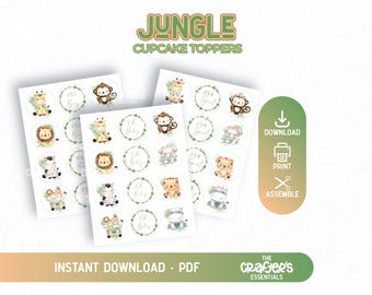 Adornos para cupcakes de jungla DIGITAL / Archivo PDF / Safari / Bosque / León / Jirafa / Es un niño / Es una niña / Oh baby / Imprimible para fiesta P004