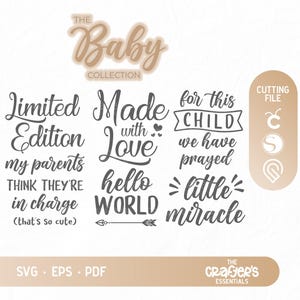 Paquete de bebé / Dichos de bebé / Por este niño hemos orado / Hola mundo / Pequeño milagro / Diseño de camiseta / Tazas / Pegatinas / Garabatos