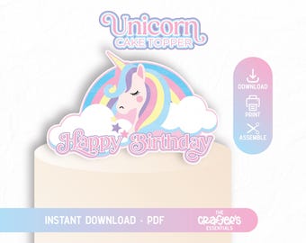 Unicorn cake topper DIGITAL | PDF file | Rainbows and clouds cake topper party decor | Rainbow unicorn | Happy birthday|Party printable P007