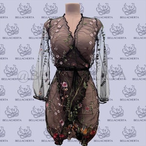 See Through Long Sleeve Black Floral Dress, Lingerie, Loungewear, Beachwear