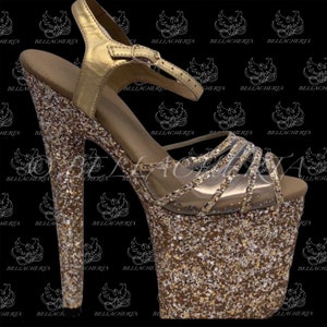 Gold Glitter Adjustable Ankle Strap Stripper  Heels