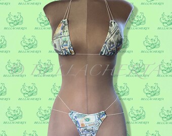 Extreme Bare-Back G-string T-string Micro Thong Bikini Swimsuit, Tied Strings Halterneck Top, Tri-Top, Exotic Dancewear