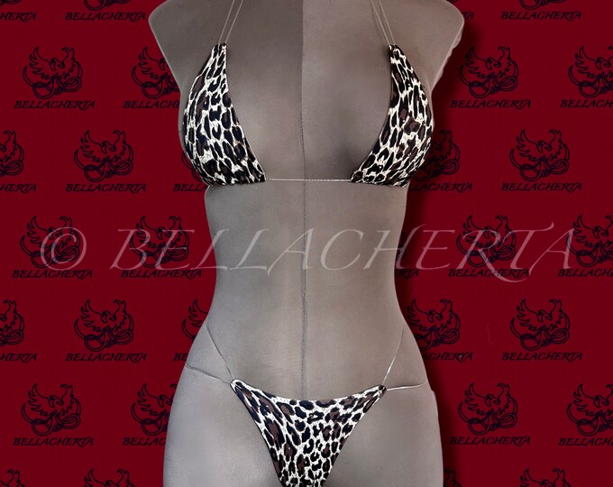 Extreme Bare-Back G-string T-string Micro Thong Bikini Swimsuit, Tied Strings Halterneck Top, Tri-Top, Exotic Dancewear, Cheetah print