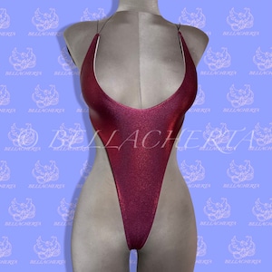 Extreme Bare Back One-piece Swimsuit, G-string T-String bottom, exotic dancewear, Carnival Monday Wear, Foiled Spandex (Metallic Colors)