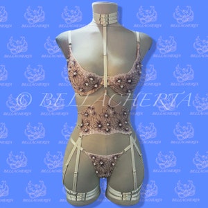 Lace and Pearls Wedding Lingerie Set; Adjustable Straps Bra, Choker, Garter Belt, Thong