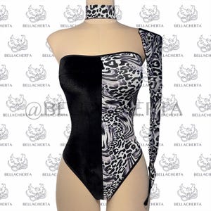 Animal-print Colorblock Cruella De Vil Assymetrical-Sleeve Cosplay Bodysuit with matching Choker
