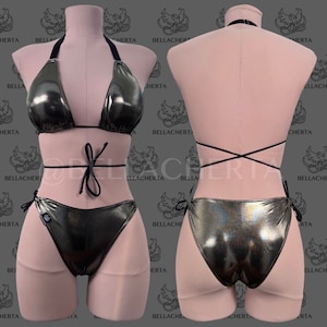 Spaghetti Straps Tri Top Halter Top Padded Bra, Side Tie High Leg Bikini Bottoms Two-Piece Handmade Swimsuit, Foiled Spandex Metallic colors