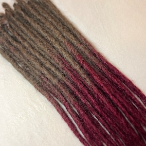 May include: A bundle of brown and burgundy ombre synthetic dreadlocks.