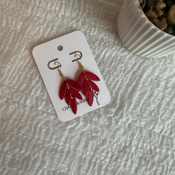 Bright red 3 tier leaf dangle earrings | Handmade clay earrings