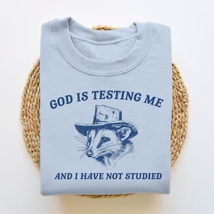 God Is Testing Me And I Have Not Studied, Funny Sweatshirt, Possum Sweatshirt, Vintage Cartoon Sweater, Unisex