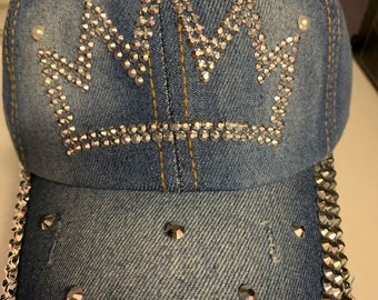 Gorra de béisbol para mujer con corona de joyas y diamantes de imitación desgastados